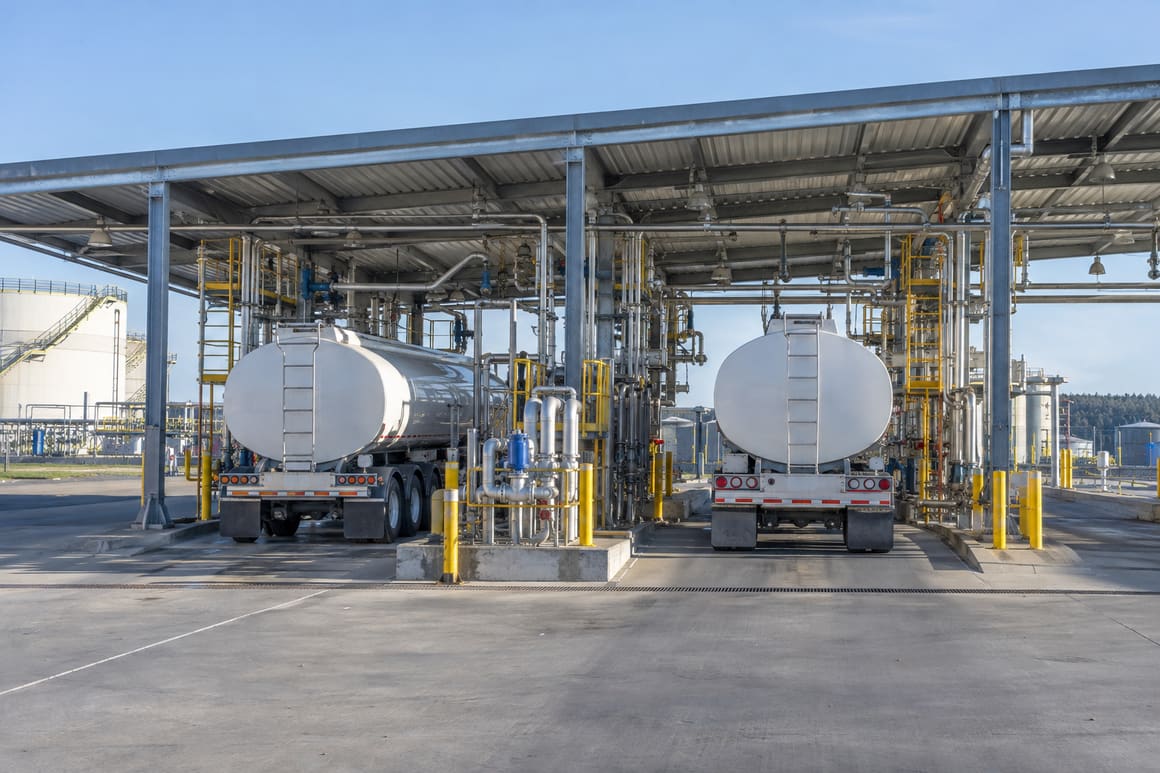 Illustrative road tanker loading lanes at a fuel distribution depot