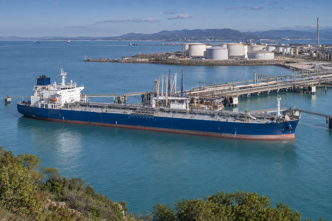 Illustrative product tanker moored at a liquid cargo jetty