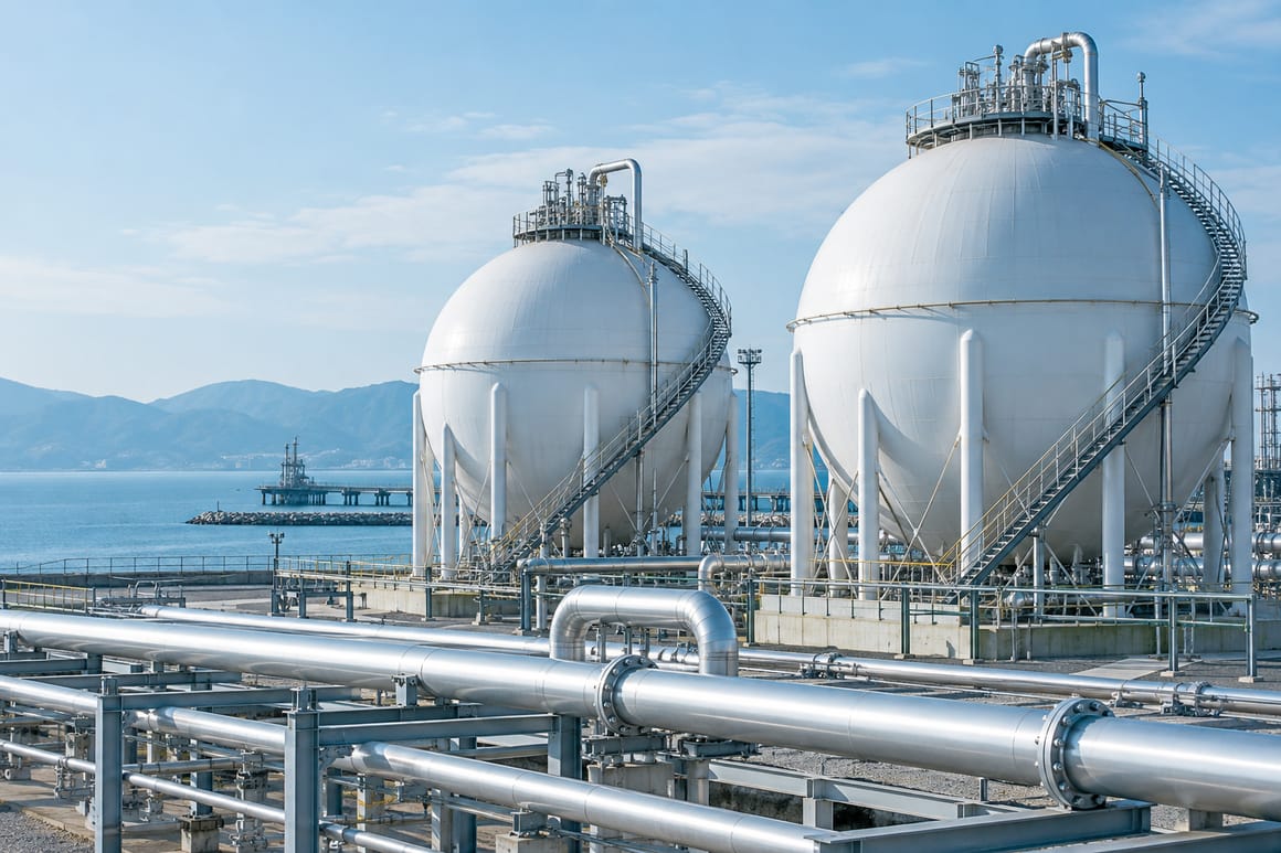 Illustrative white spherical gas storage tanks with silver industrial pipework