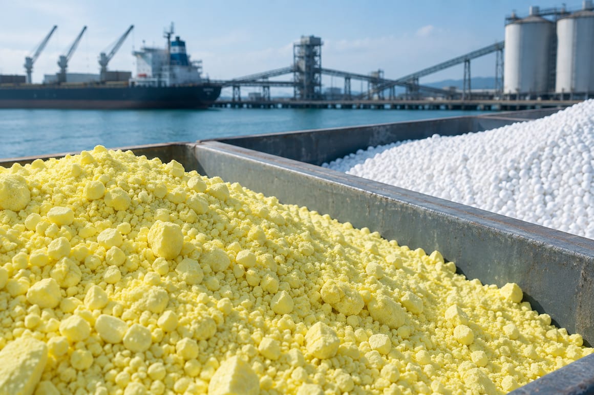 Illustrative close-up of separated yellow sulphur granules and white industrial pellets