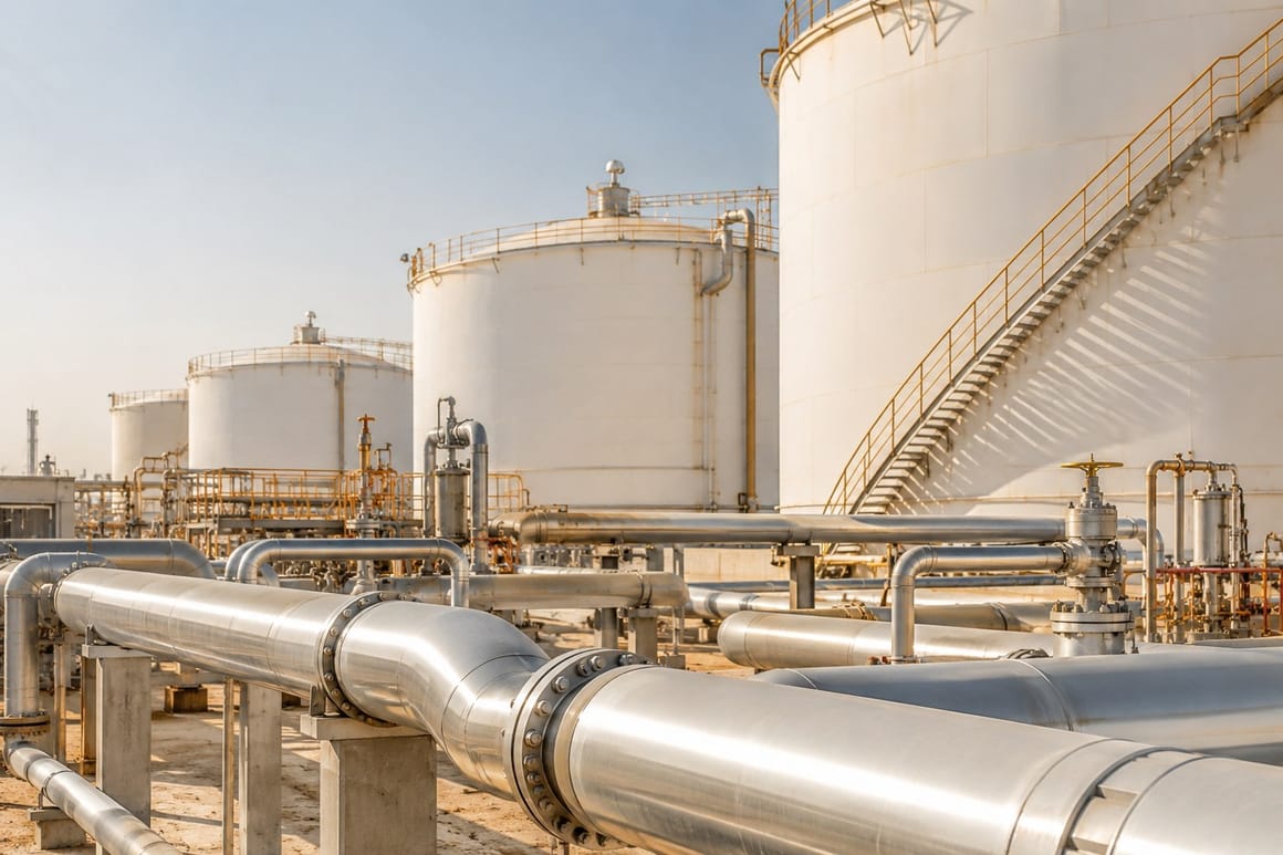 Illustrative petroleum storage tanks and connecting industrial pipework