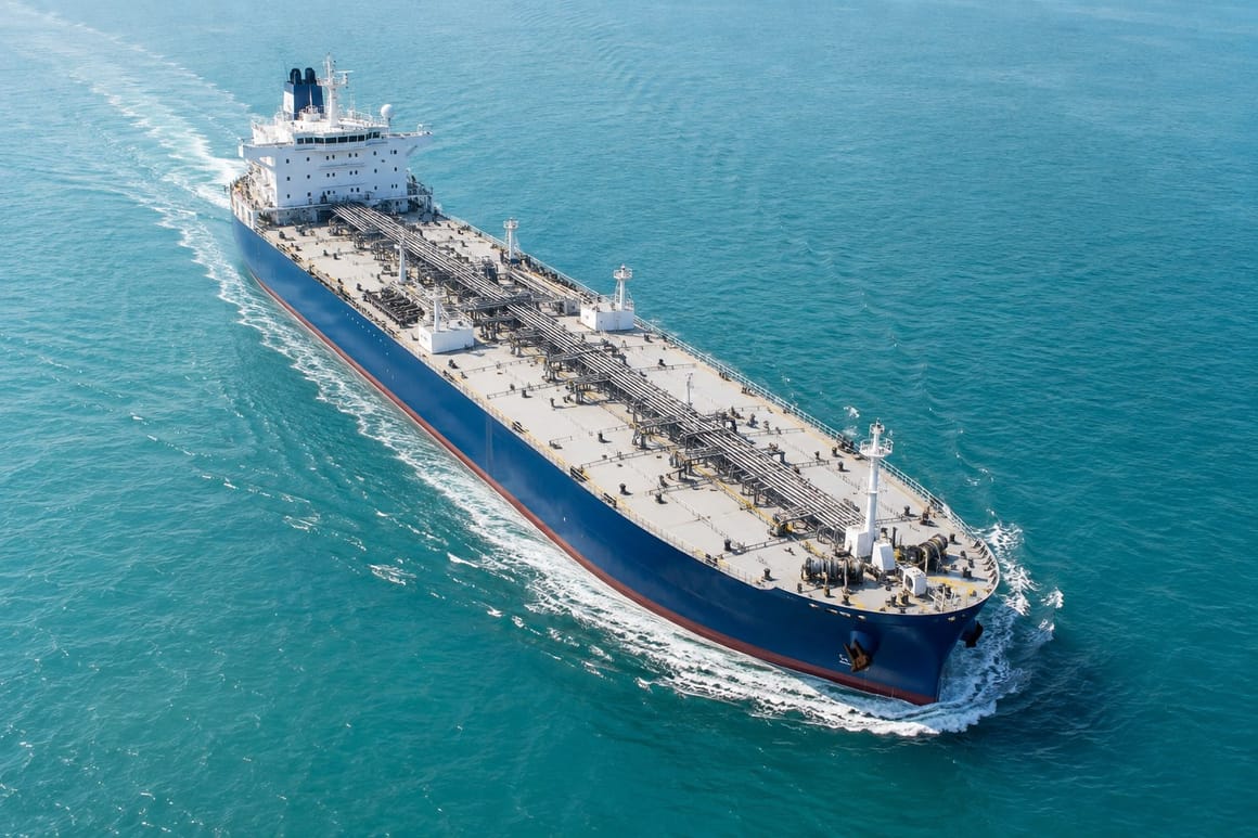 Illustrative aerial view of a tanker crossing clear blue water