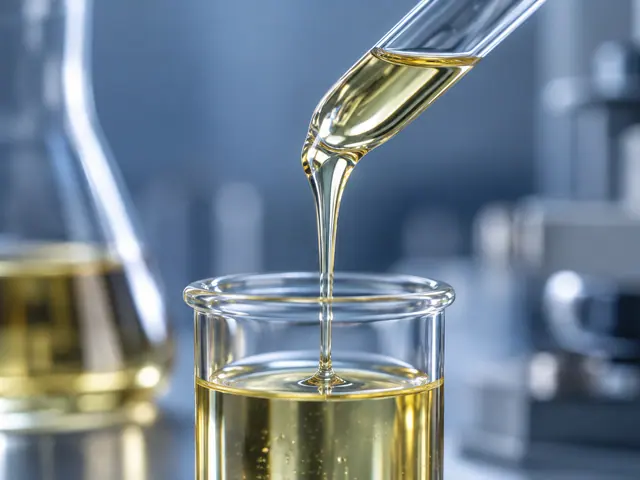 Illustrative golden base oil flowing from a laboratory pipette