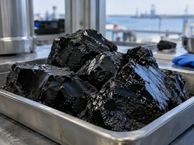 Illustrative solid black bitumen pieces in a steel tray