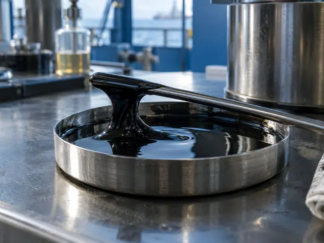 Illustrative dark heavy fuel oil in a steel sample dish
