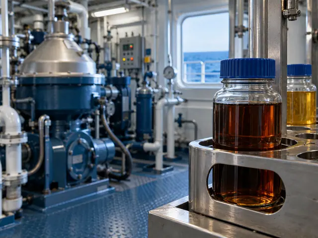 Illustrative marine diesel oil sample in a ship fuel treatment room