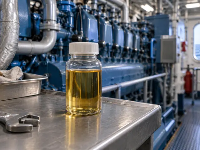 Illustrative marine gas oil sample beside ship engine equipment
