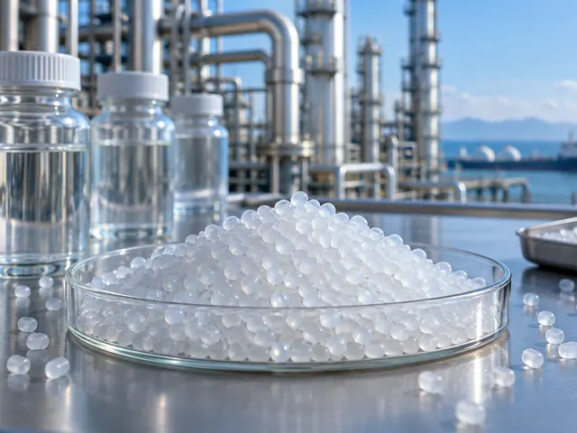 Illustrative polymer resin pellets and sealed petrochemical samples