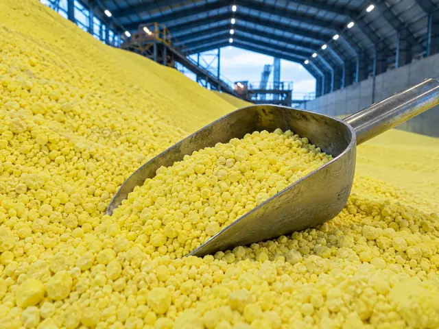 Illustrative yellow sulphur granules in a bulk sampling scoop