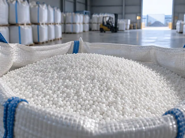 Illustrative white granular urea in a woven bulk bag